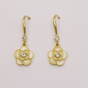 Elegant Gold-Tone White Enamel Camellia Flower Drop Earrings with Crystal Accent